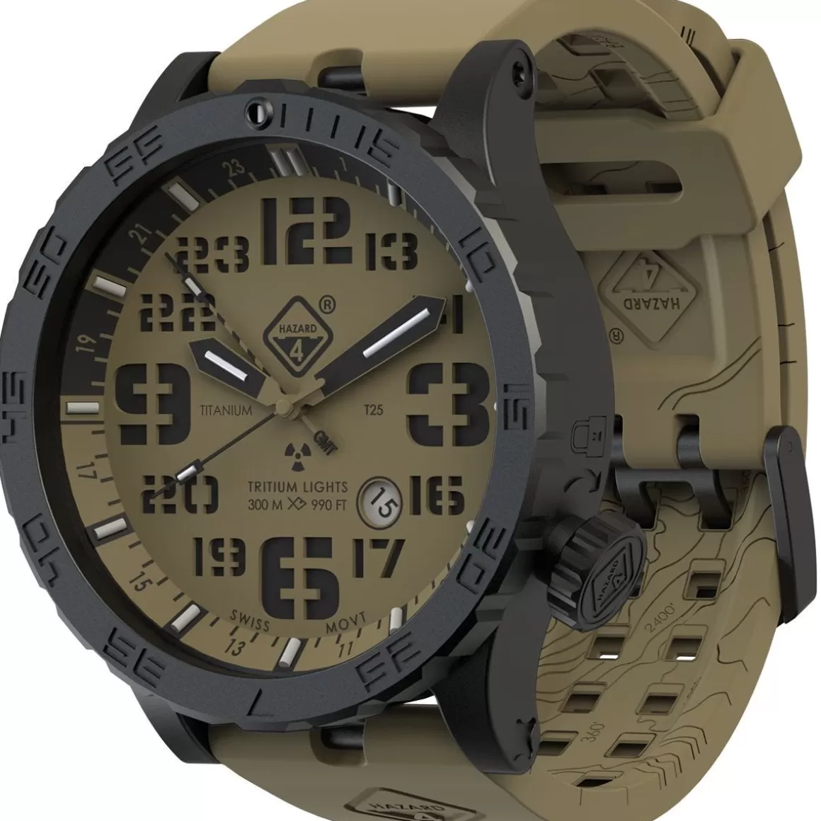 Hazard 4 Watches> Heavy Water Diver Titanium Tritium Watch Arid Brown Gmt Green/Yellow