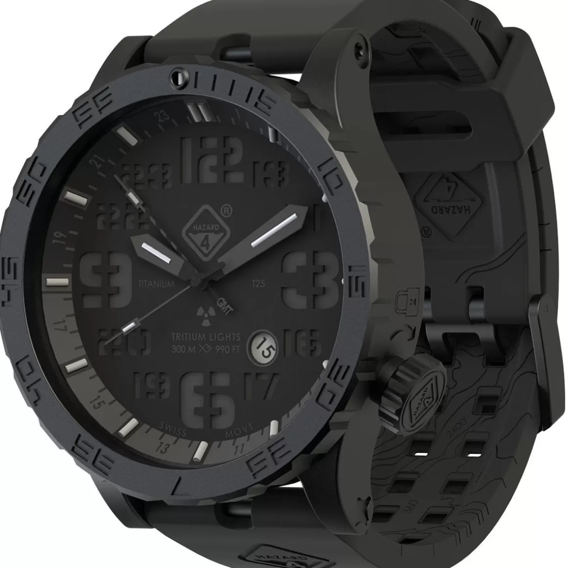 Hazard 4 Watches> Heavy Water Diver Titanium Tritium Watch Blackout Black Gmt Blue/Red