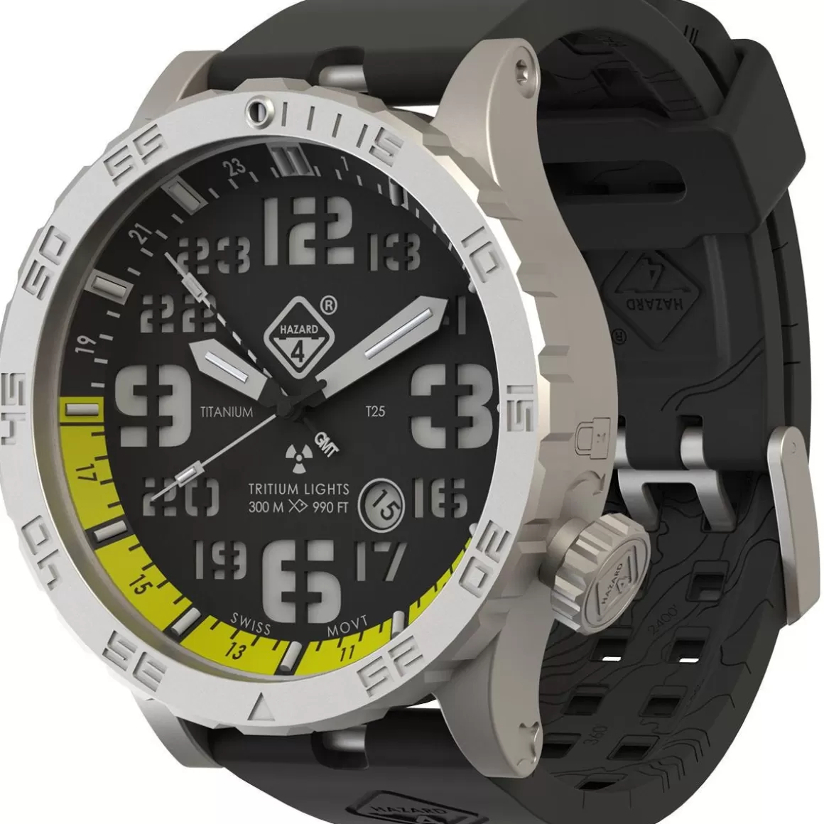 Hazard 4 Watches> Heavy Water Diver Titanium Tritium Watch Blacktie Yellow Gmt Green/Yellow